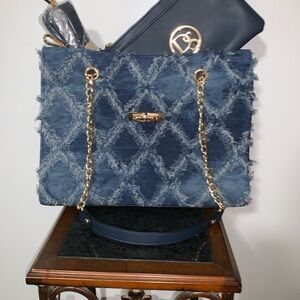 Chic Denim Blue Shoulder Bag with Gold Chain